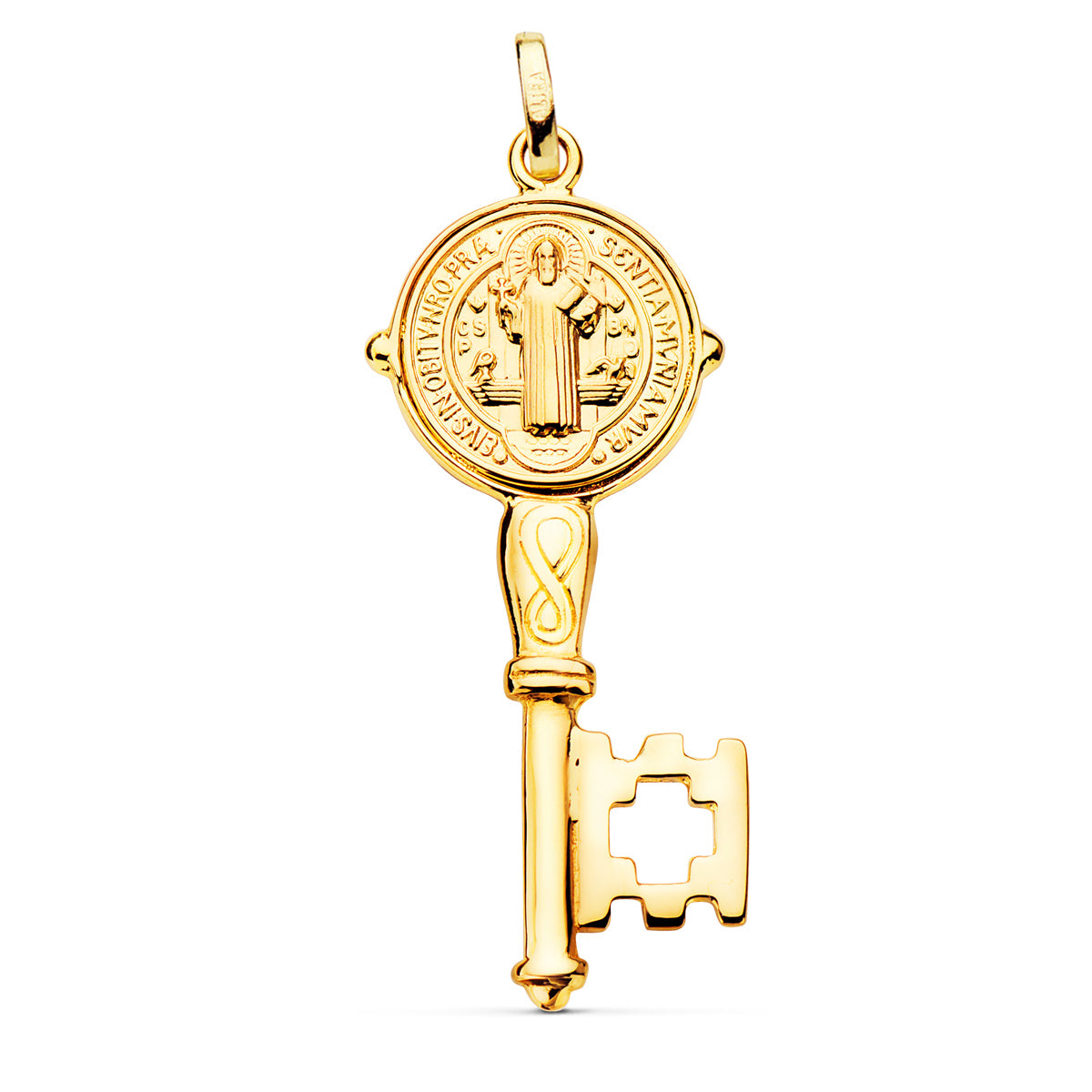 Llave Escapulario San Benito Monje Brillo Medalla 12 mm Llave 33 x 16 mm de oro amarillo 18K
