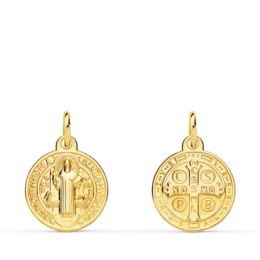 Medalla Escapulario San Benito Monje 14 mm Matizada de oro amarillo 18K