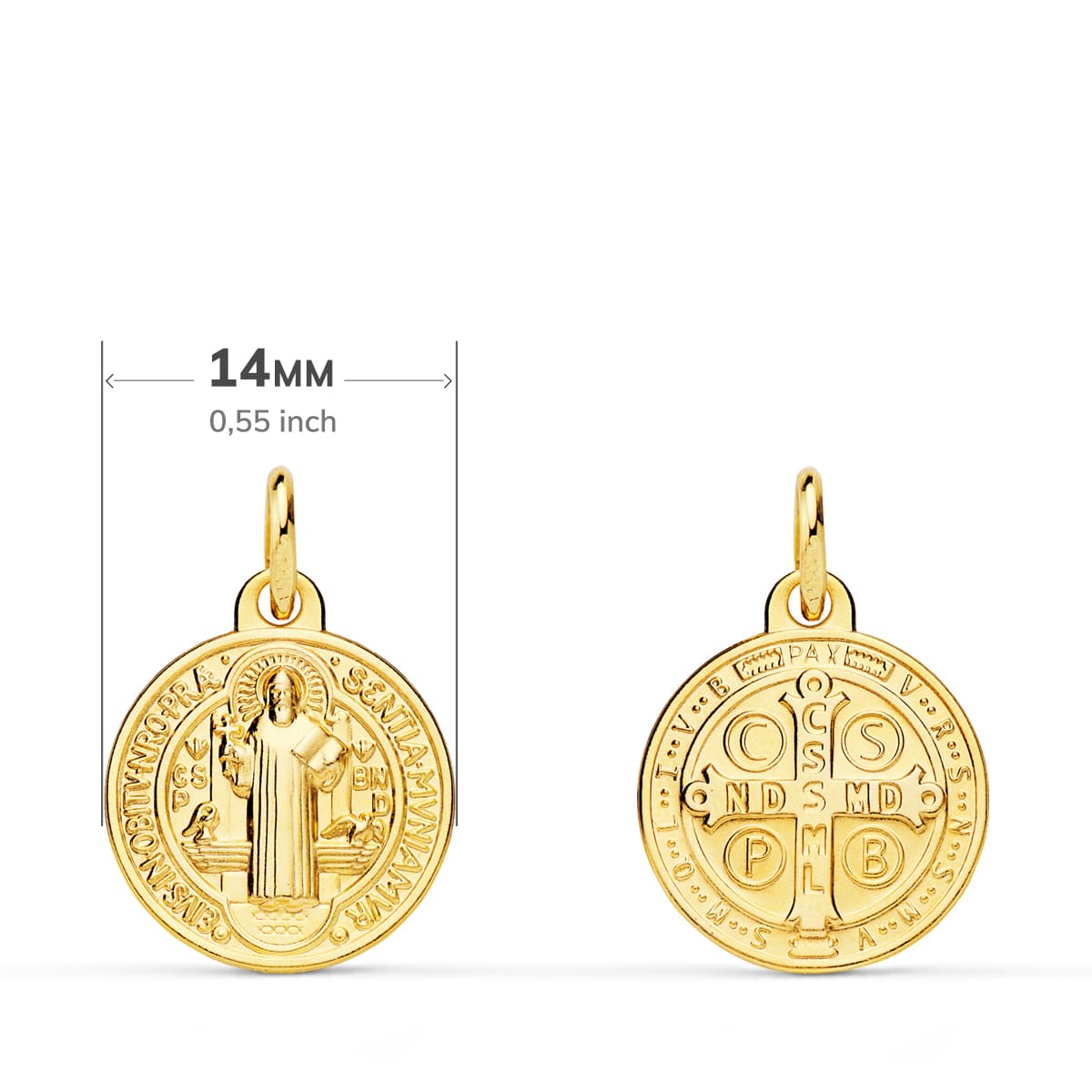 18K MEDALLA ORO AMARILLO ESCAPULARIO SAN BENITO MONJE 14 MM MATIZADA
