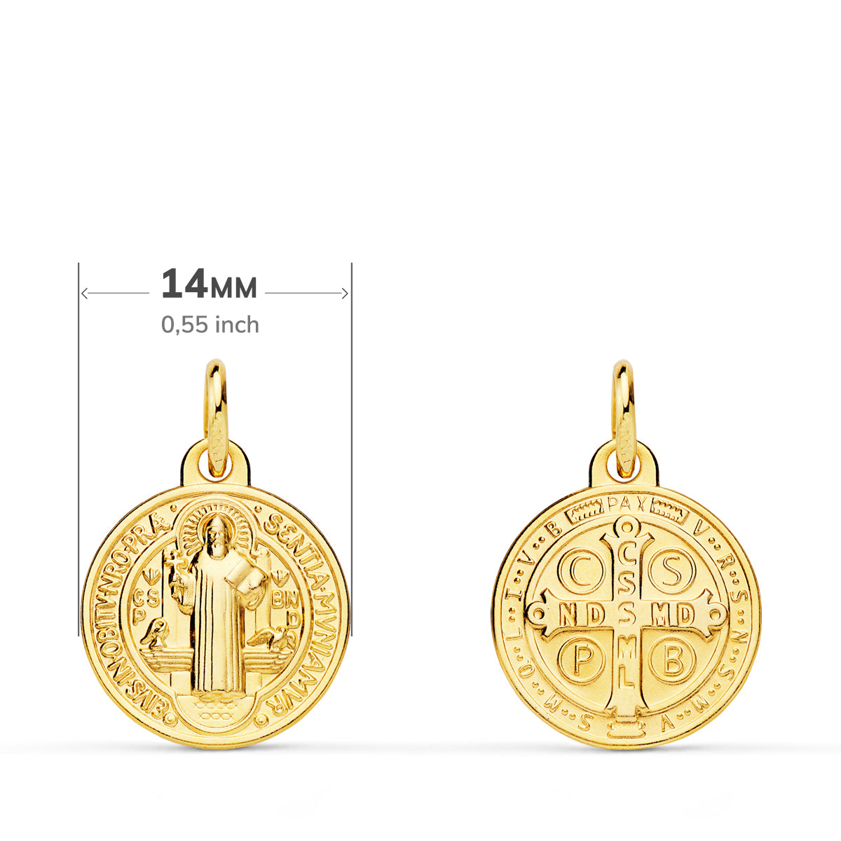 Medalla Escapulario San Benito Monje 14 mm Matizada de oro amarillo 18K