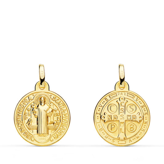 18K MEDALLA ESCAPULARIO ORO AMARILLO SAN BENITO MONJE 16 MM MATIZADA