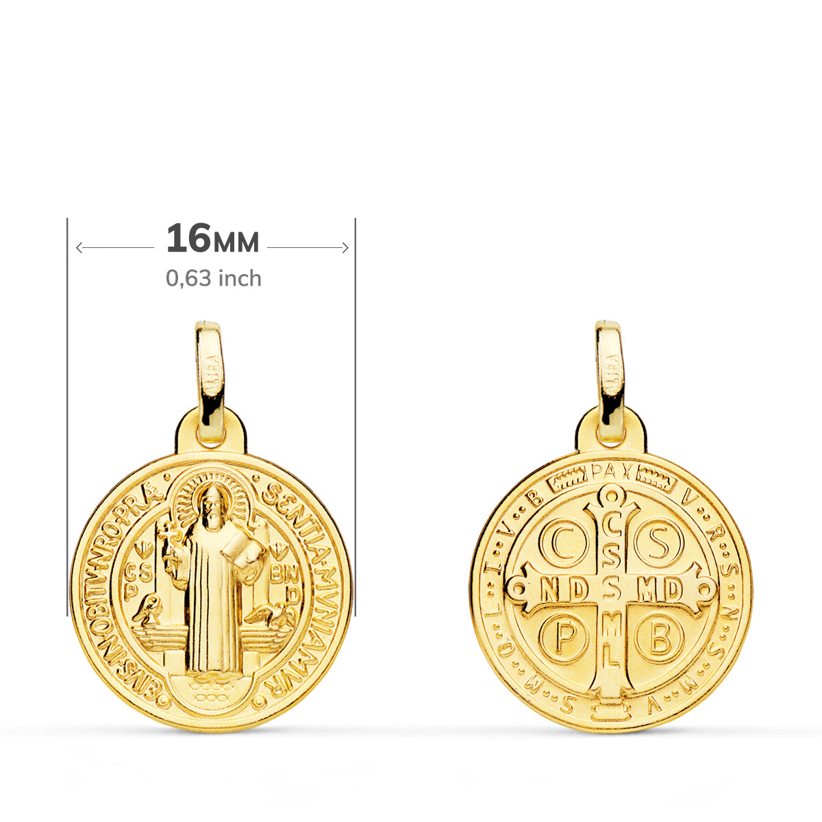 Medalla Escapulario San Benito Monje 16 mm Matizada de oro amarillo 18K