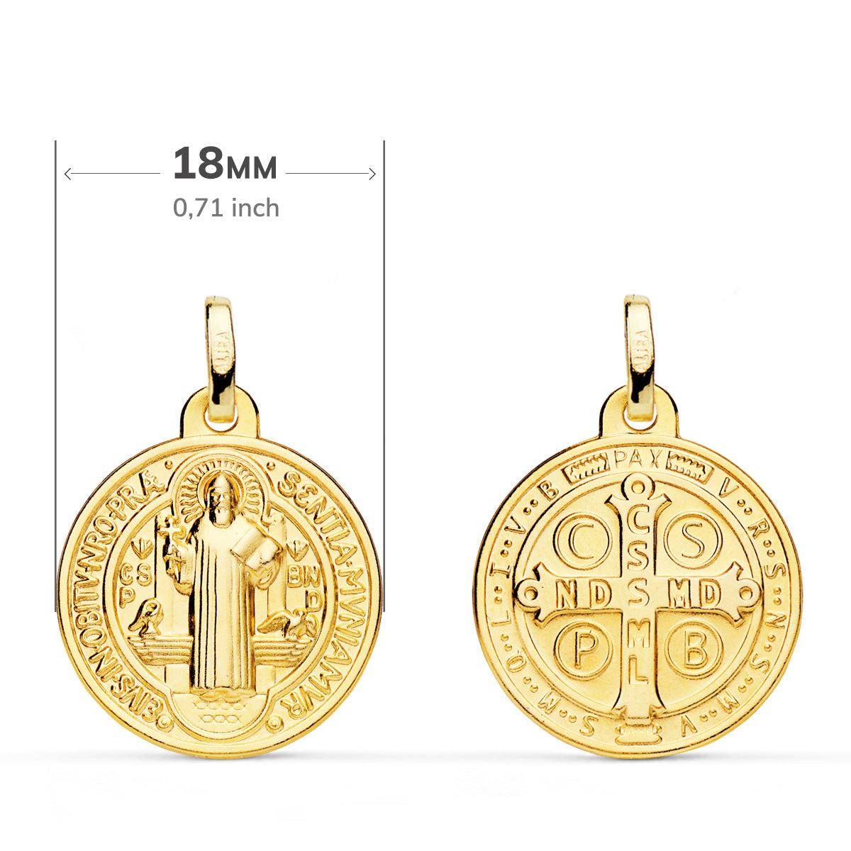 Medalla Escapulario San Benito Monje 18 mm Matizada de oro amarillo 18K