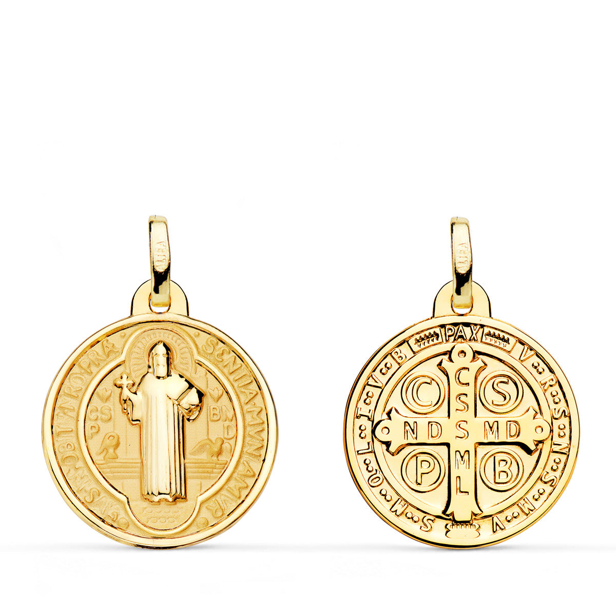 Medalla Escapulario San Benito Monje Brillo y Fondo Matizado 18 mm Espalda en Brillo 18K