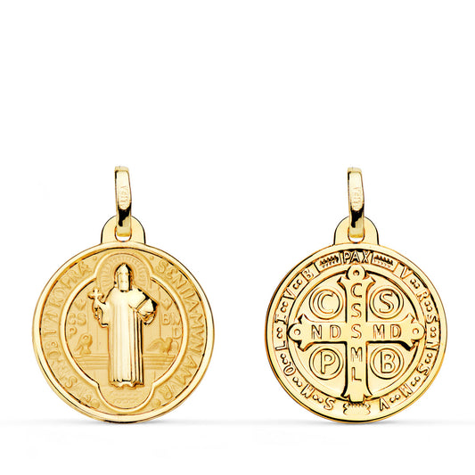 Medalla Escapulario San Benito Monje Brillo y Fondo Matizado 18 mm Espalda en Brillo 18K