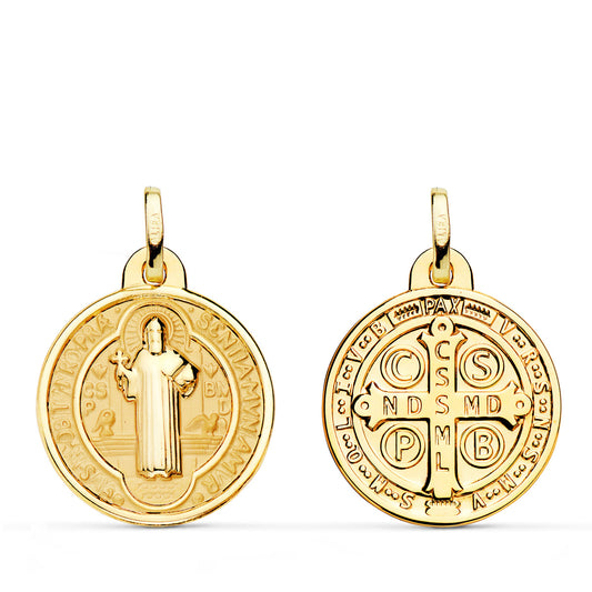 Medalla Escapulario San Benito Monje Brillo y Fondo Matizado 20 mm Espalda en Brillo 18K
