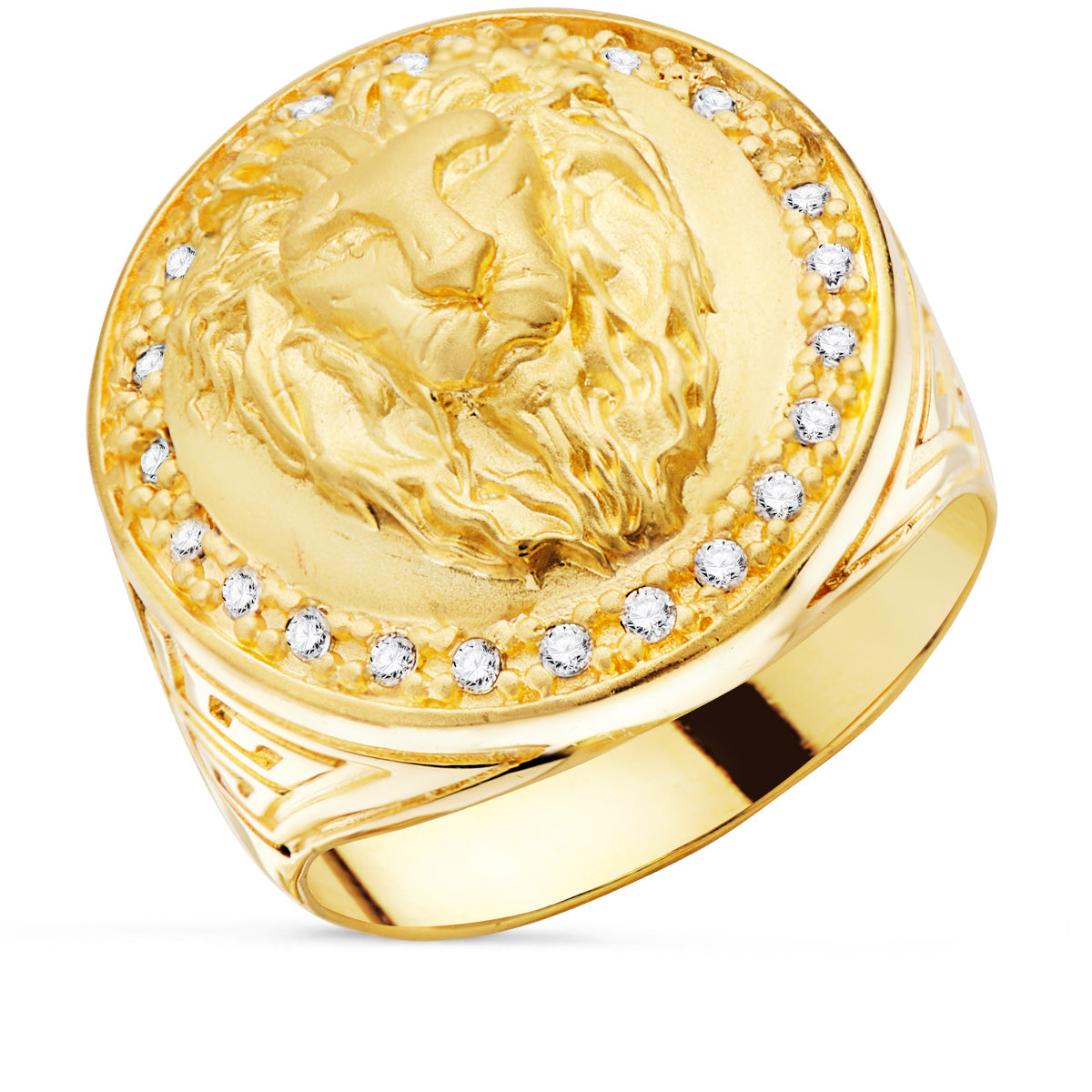 18K SELLO ORO AMARILLO LEON CON CIRCONITA LATERAL GRECA ANCHO 19 MM