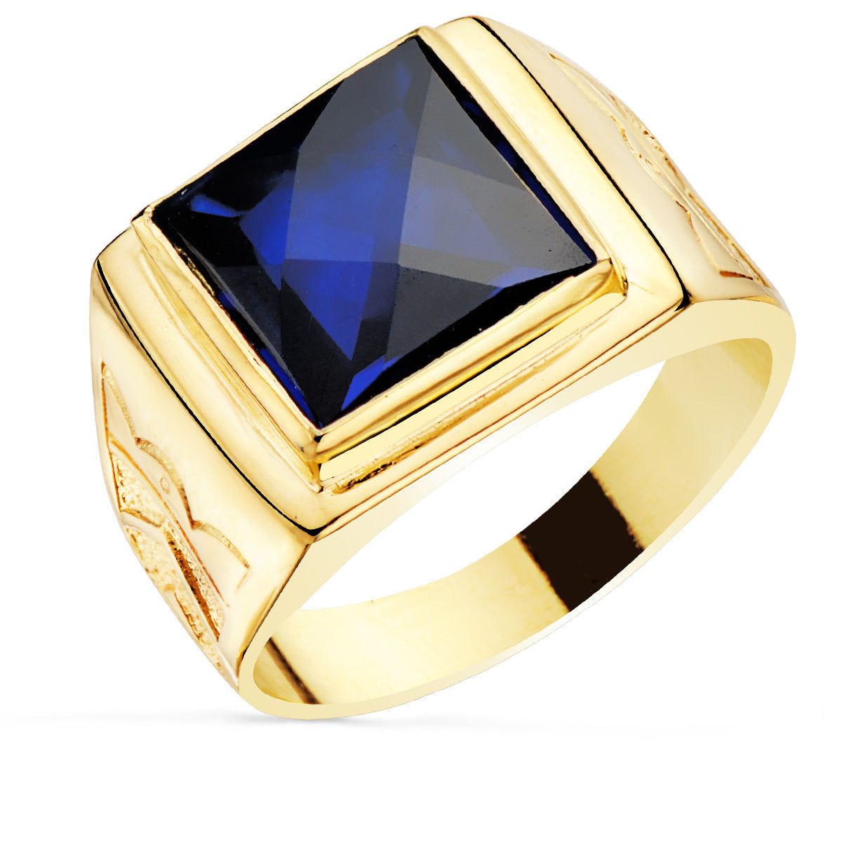 Sello Cuadrado Macizo con Piedra Spinel Zafiro Talla Damero 12 x 12 mm de oro amarillo 18K