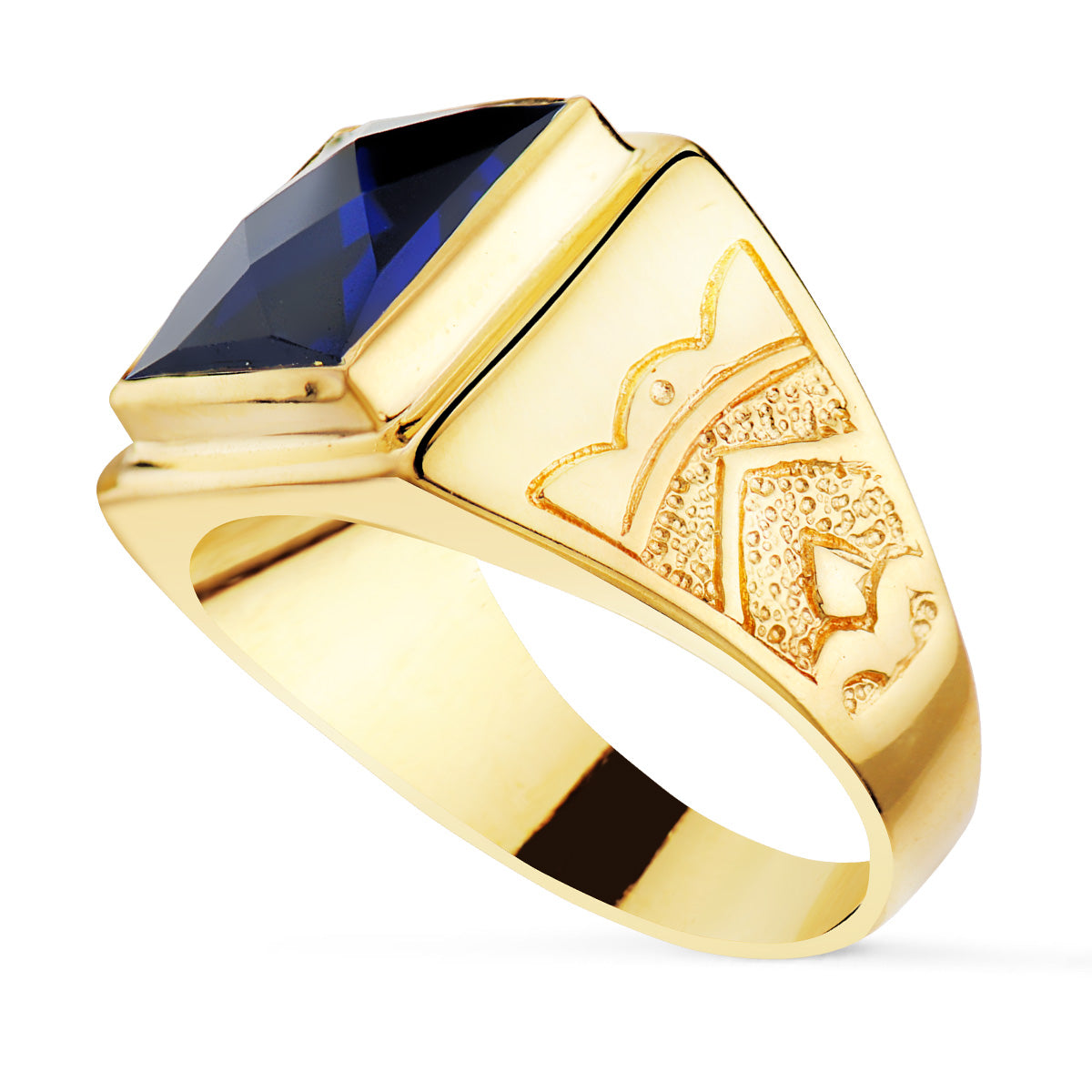 Sello Cuadrado Macizo con Piedra Spinel Zafiro Talla Damero 12 x 12 mm de oro amarillo 18K