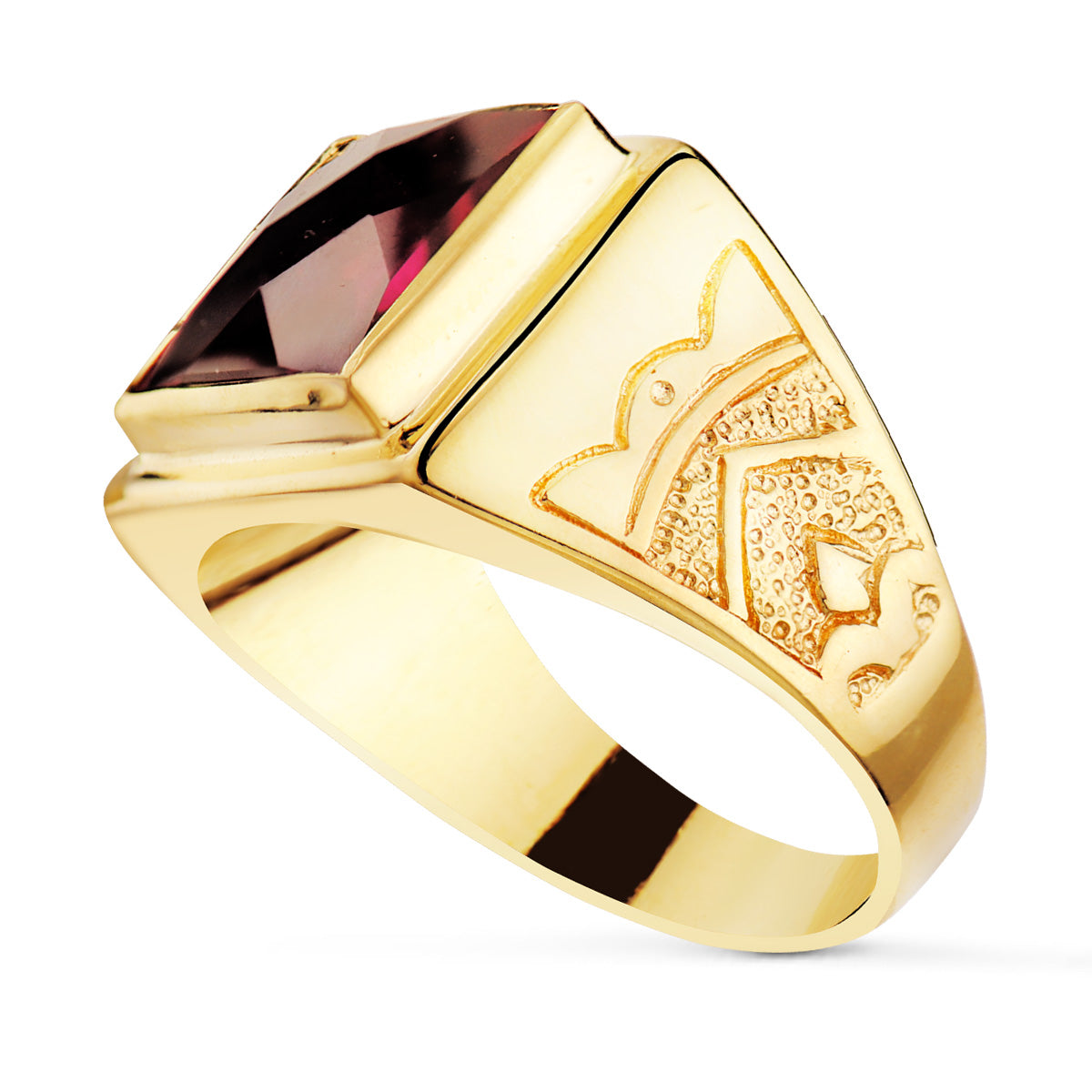 Sello Cuadrado Macizo con Piedra Spinel Rubí Talla Damero 12 x 12 mm de oro amarillo 18K
