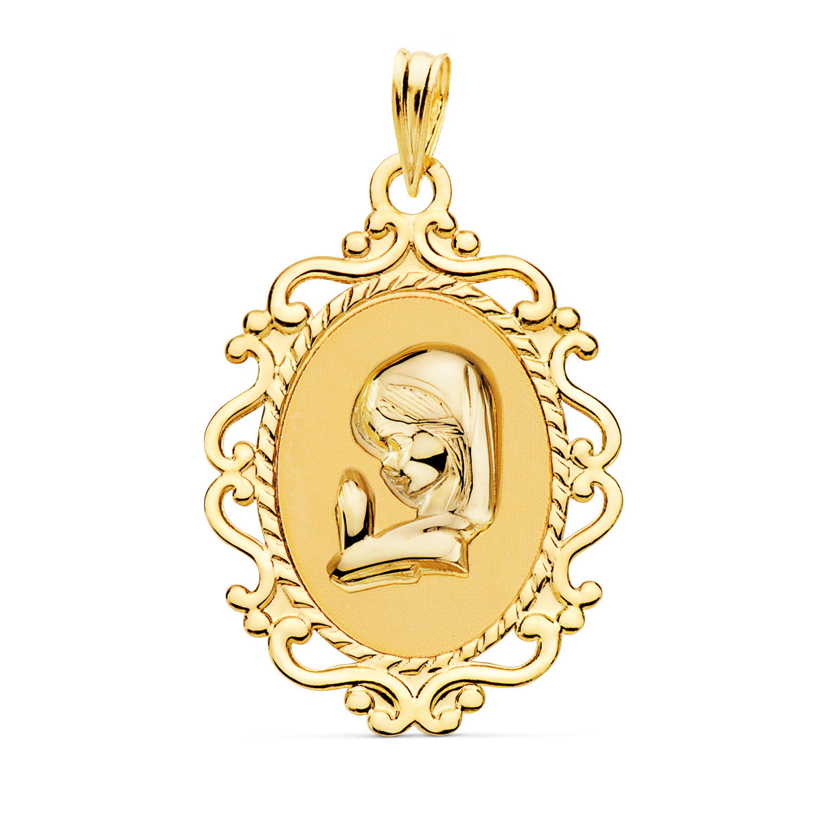 18K MEDALLA ORO AMARILLO VIRGEN NIÑA CERCO CALADO BRILLO 23X16 MM