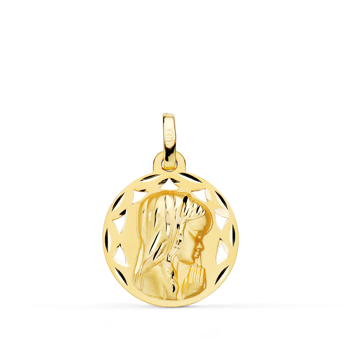 Medalla Calada Virgen Niña Perfil Tallada 18 mm de oro amarillo 18K