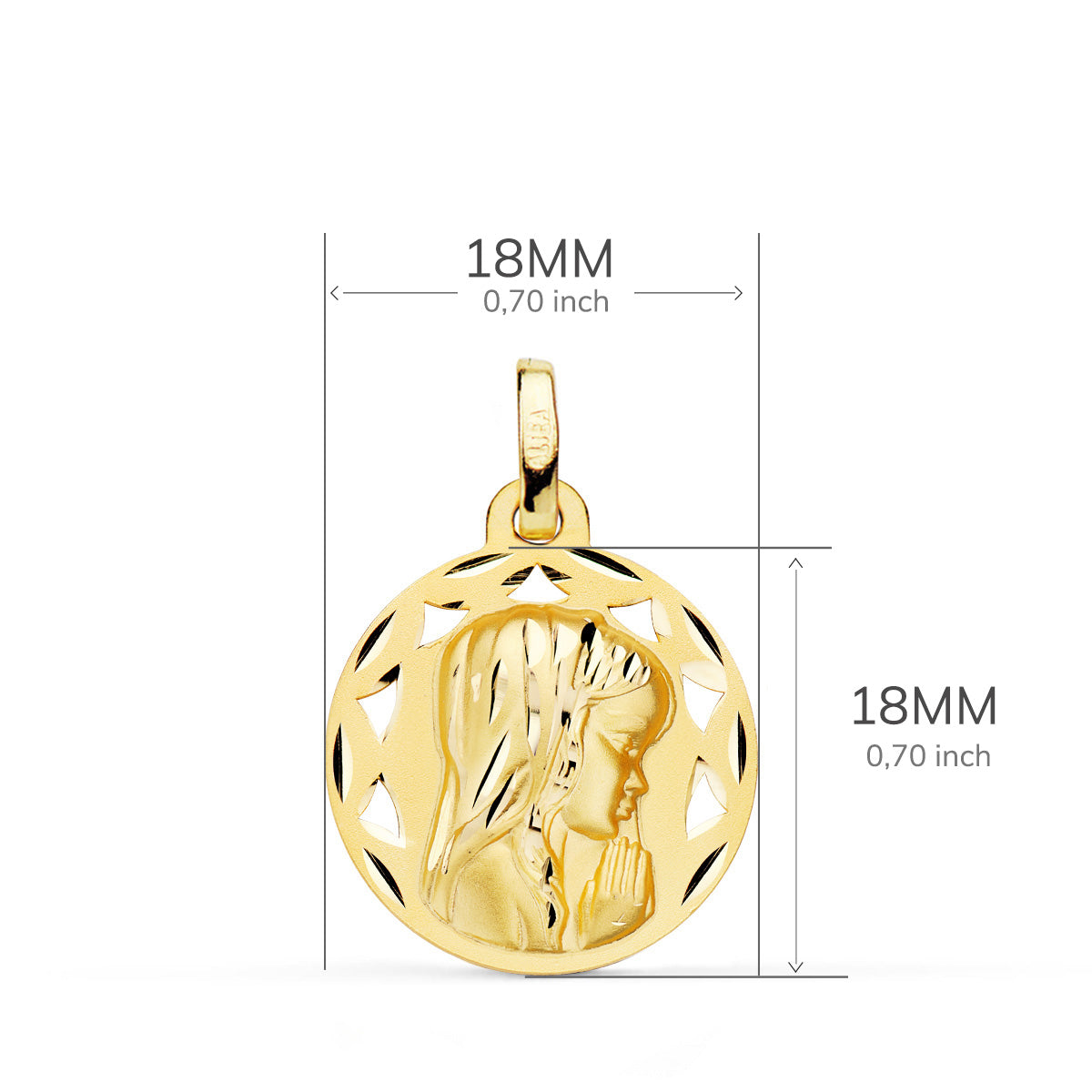 Medalla Calada Virgen Niña Perfil Tallada 18 mm de oro amarillo 18K