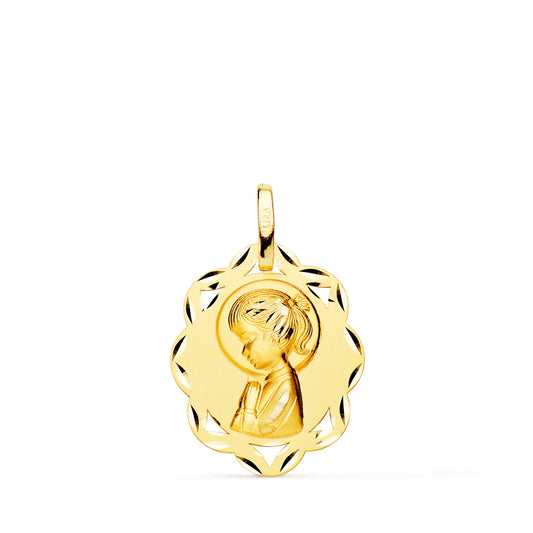 Medalla Hojas Virgen Niña Perfil Matizada y Tallada 20 x 16 mm de oro amarillo 18K