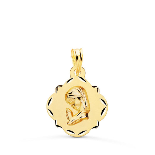 18K MEDALLA ORO AMARILLO VIRGEN NIÑA PERFIL PANDERETA TALLADA 19X16 MM