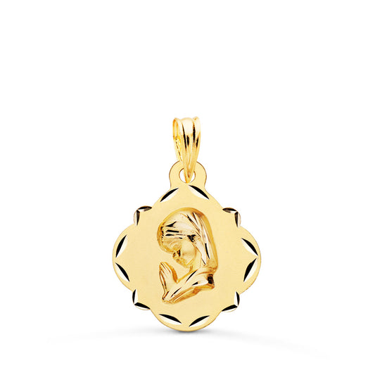 Medalla Virgen Niña Perfil Pandereta Tallada 19 x 16 mm de oro amarillo 18K