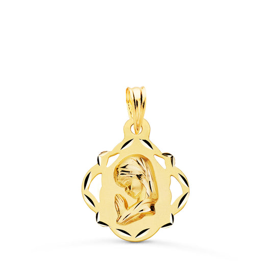 Medalla Virgen Niña Pandereta Calada 19 x 16 mm de oro amarillo 18K
