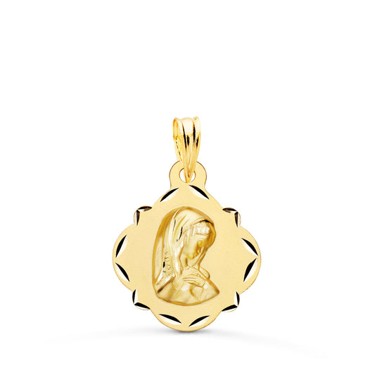 Medalla Virgen Niña Perfil Pandereta Tallada 19 x 16 mm de oro amarillo 18K
