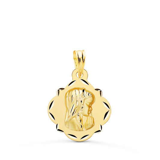 Medalla Virgen Niña Perfil Pandereta Tallada 19 x 16 mm de oro amarillo 18K