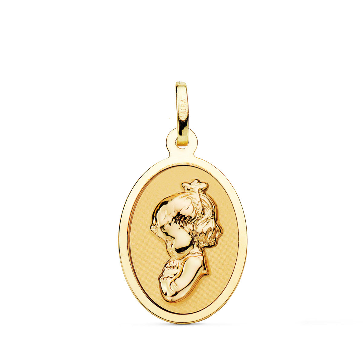 Medalla Virgen Niña Oval en Brillo 21 x 15 mm de oro amarillo 18K