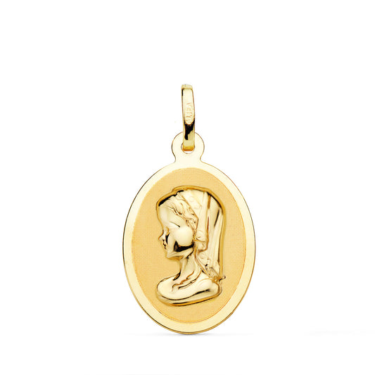 18K MEDALLA ORO AMARILLO VIRGEN NIÑA OVAL EN BRILLO 21X15 MM