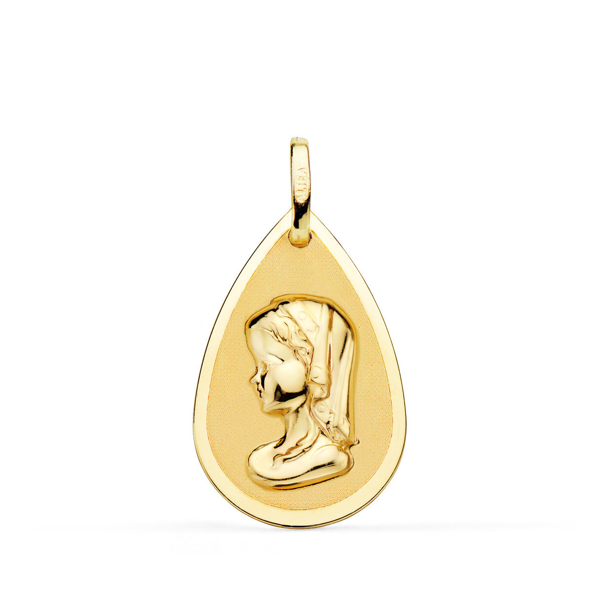 Medalla Virgen Niña Gota en Brillo y Mate 23 x 15 mm de oro amarillo 18K