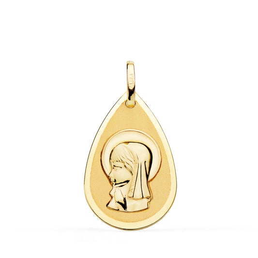 18K MEDALLA ORO AMARILLO VIRGEN NIÑA GOTA EN BRILLO Y MATE 23X15 MM