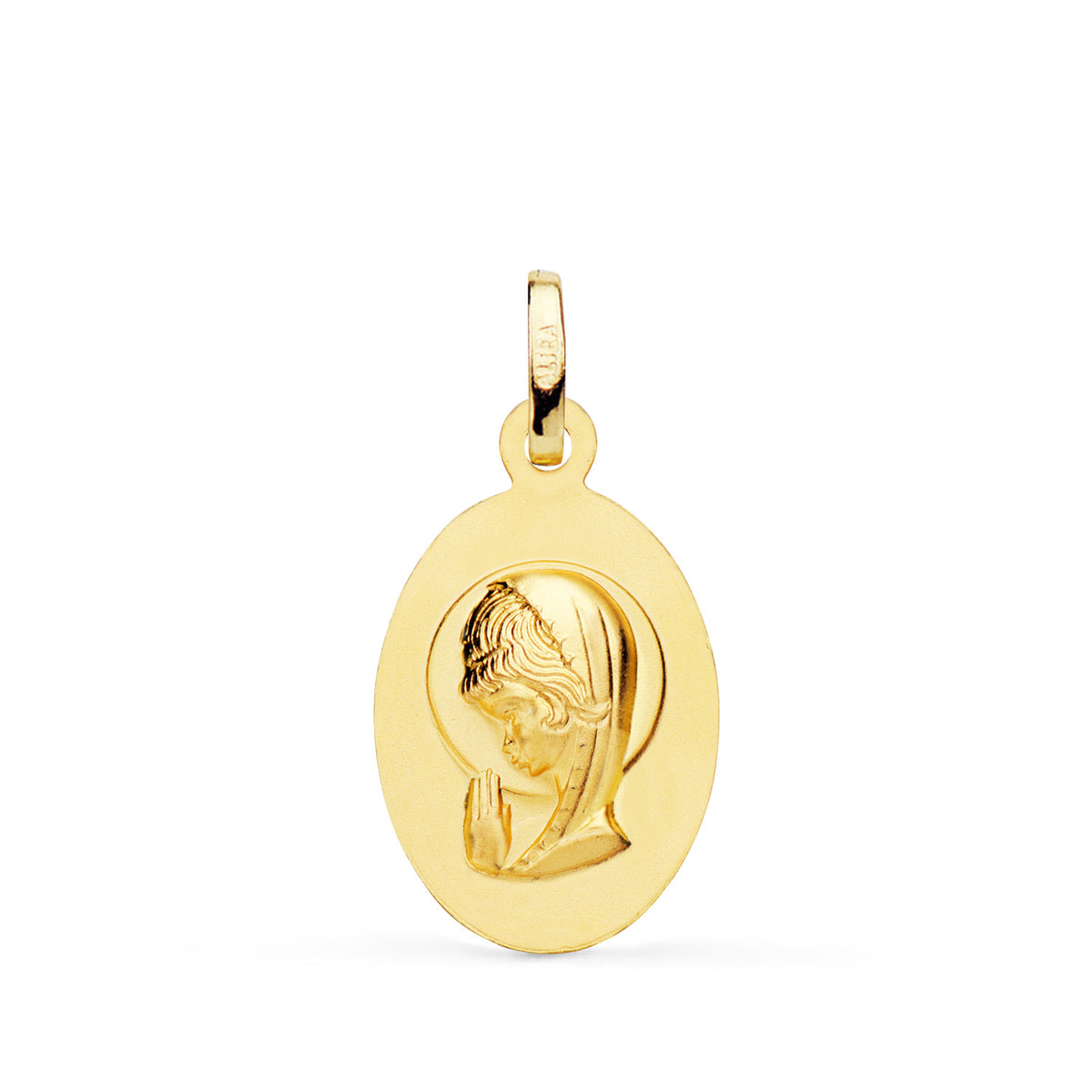 Medalla Virgen Niña Oval Matizada 19 x 12 mm de oro amarillo 18K
