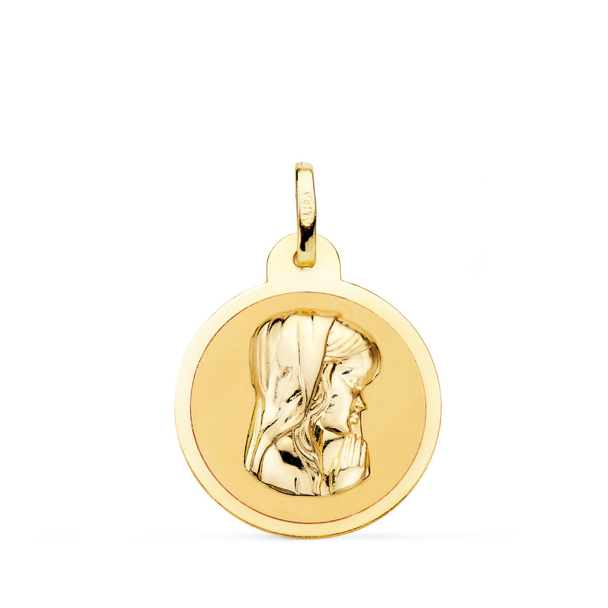 Medalla Virgen Niña en Brillo 20 mm de oro amarillo 18K