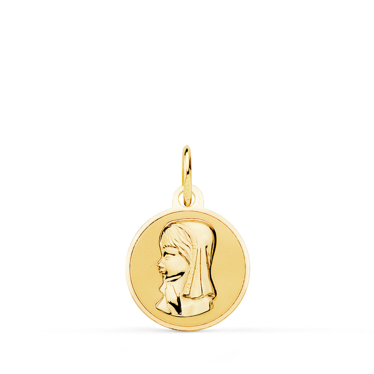 Medalla Virgen Niña en Brillo 14 mm de oro amarillo 18K