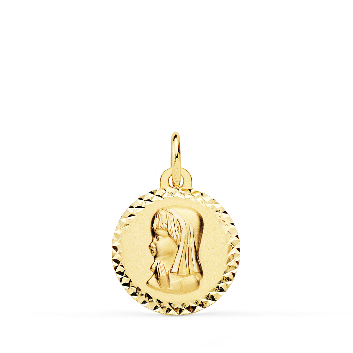 Medalla Virgen Niña Talla Colgante Cruzada 16 mm de oro amarillo 18K
