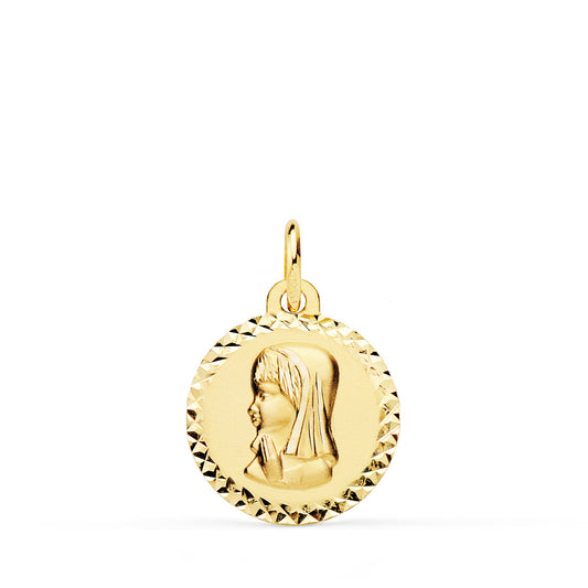 Medalla Virgen Niña Talla Colgante Cruzada 16 mm de oro amarillo 18K