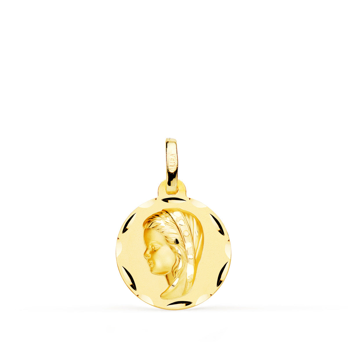 Medalla Virgen Niña Tallada 14 mm de oro amarillo 18K