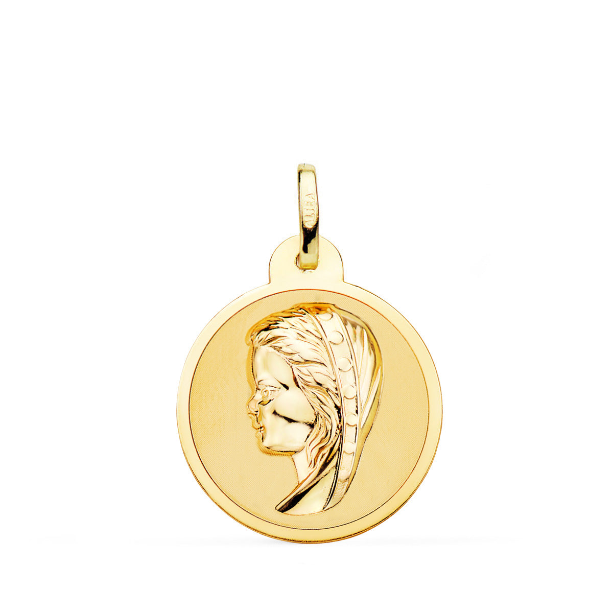 Medalla Virgen Niña en Brillo 20 mm de oro amarillo 18K