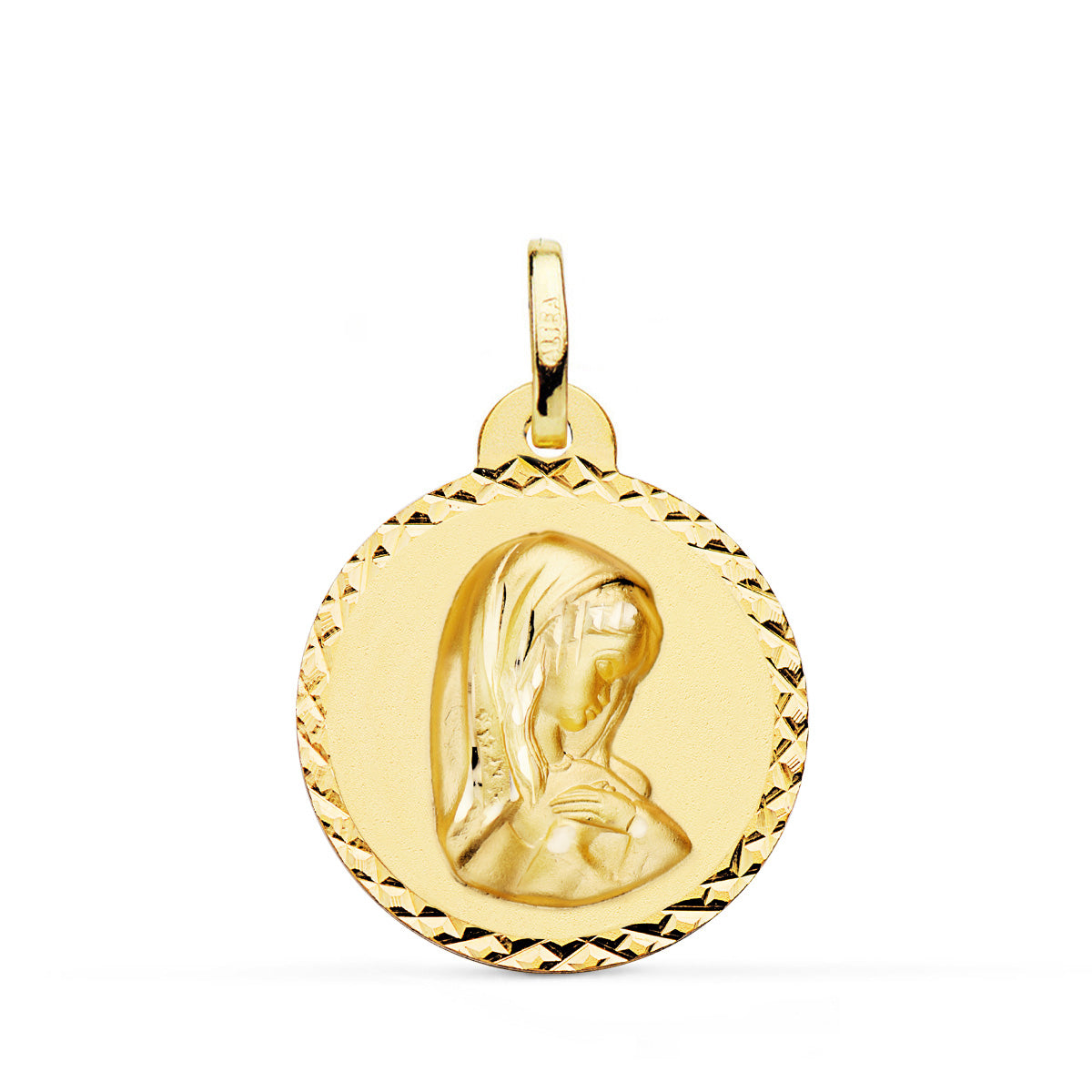 18K MEDALLA ORO AMARILLO VIRGEN NIÑA TALLA COLGANTE CRUZADA 22 MM