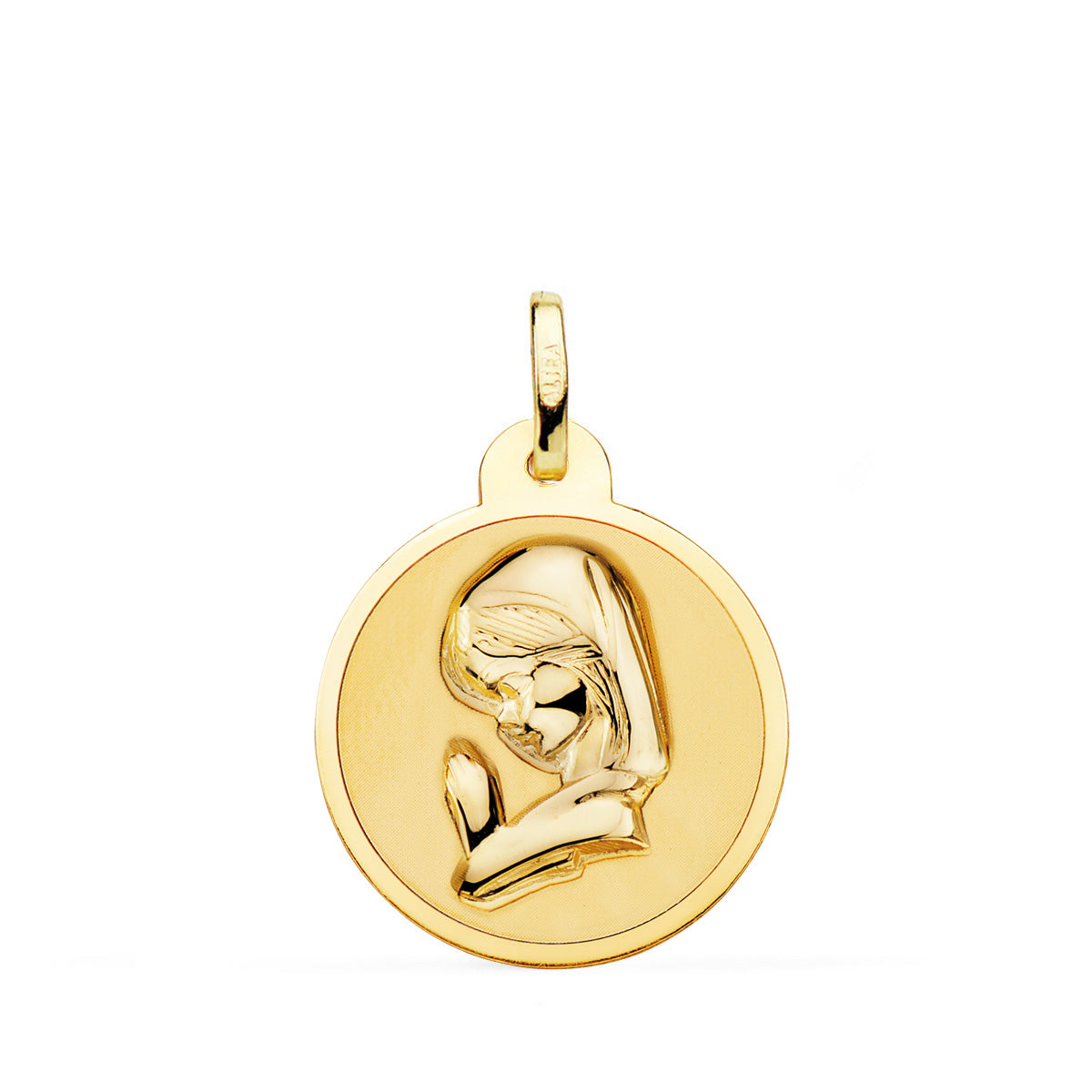 Medalla Virgen Niña en Brillo 20 mm de oro amarillo 18K