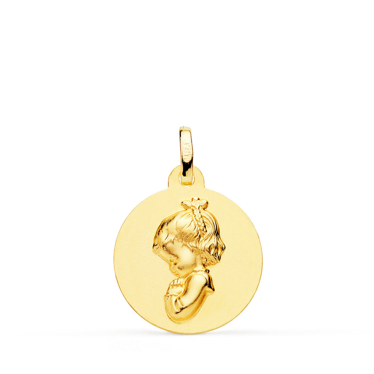 Medalla Virgen Niña Rezando Lisa 18 mm de oro amarillo 18K