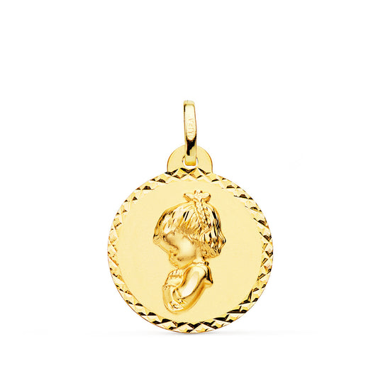 Medalla Virgen Niña Rezando Talla Cruzada 20 mm de oro amarillo 18K