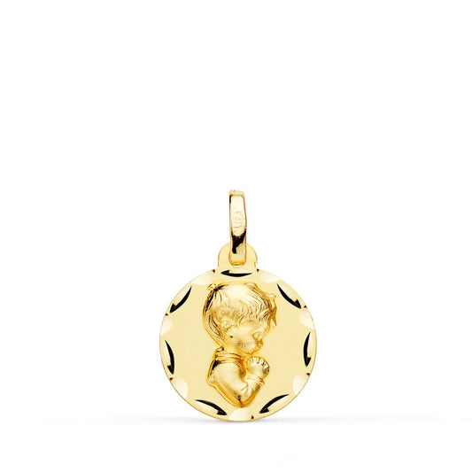 18K MEDALLA ORO AMARILLO NIÑO DE COMUNION PERFIL TALLADA 14 MM