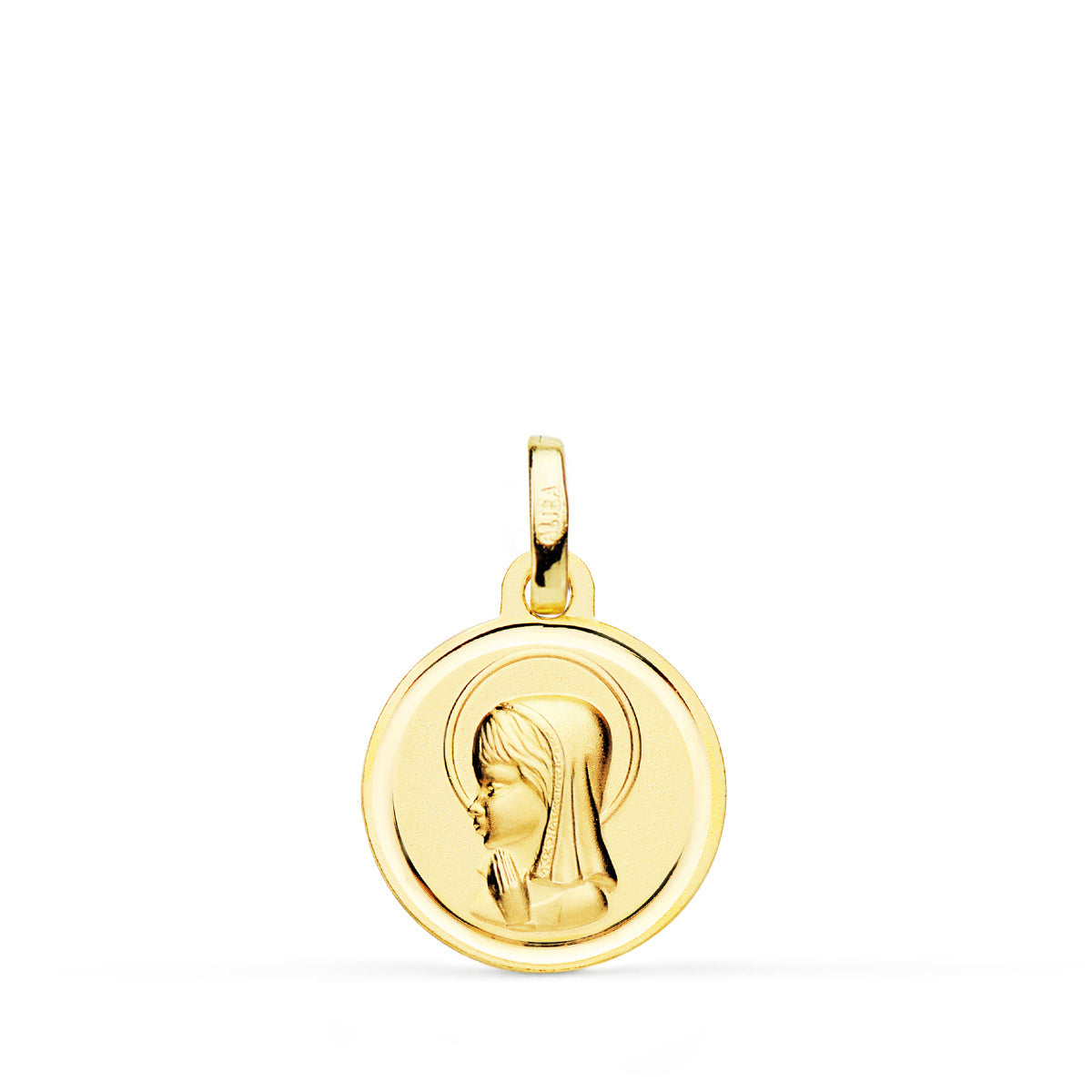 18K MEDALLA ORO AMARILLO VIRGEN NIÑA MATIZADA CON BISEL 14 MM