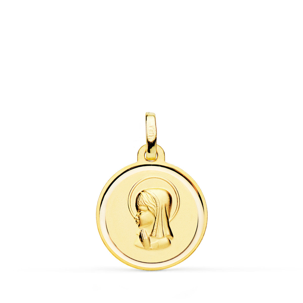 Medalla Virgen Niña Matizada con Bisel 16 mm de oro amarillo 18K