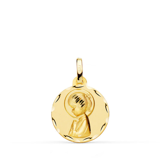 Medalla Virgen Niña Perfil Matizada y Tallada 16 mm de oro amarillo 18K