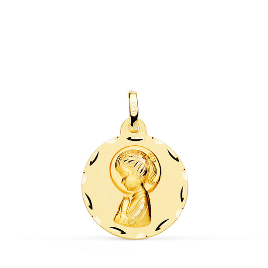 Medalla Virgen Niña Perfil Matizada y Tallada 18 mm de oro amarillo 18K