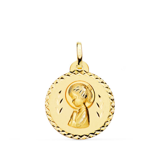 Medalla Virgen Niña Talla Cruzada 20 mm de oro amarillo 18K