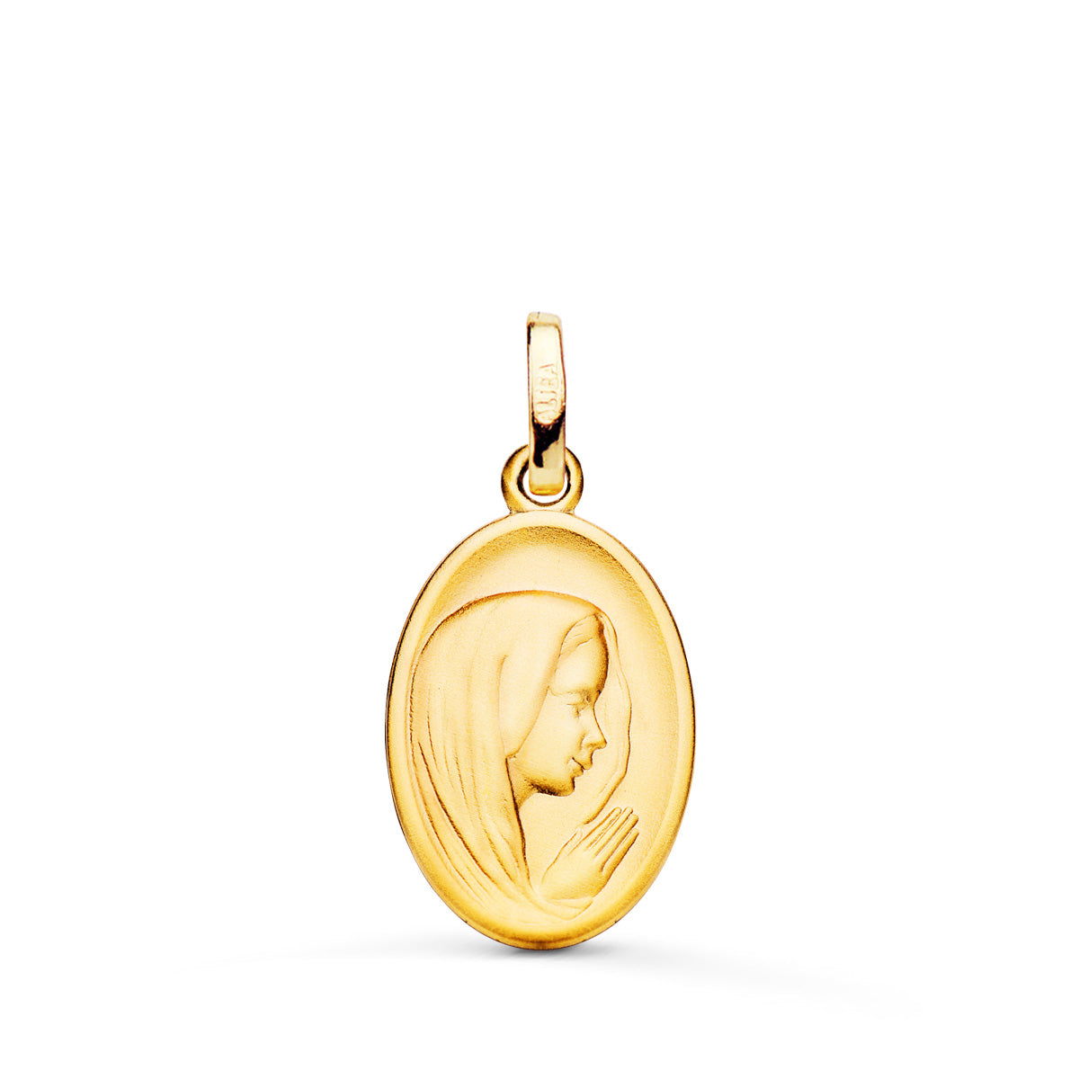 Medalla Virgen Niña Perfil Matizada y Tallada 16 x 12 mm de oro amarillo 18K