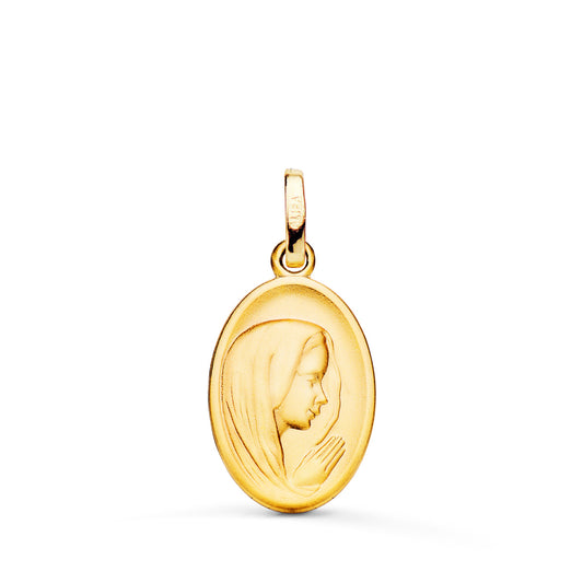 Medalla Virgen Niña Perfil Matizada y Tallada 16 x 12 mm de oro amarillo 18K
