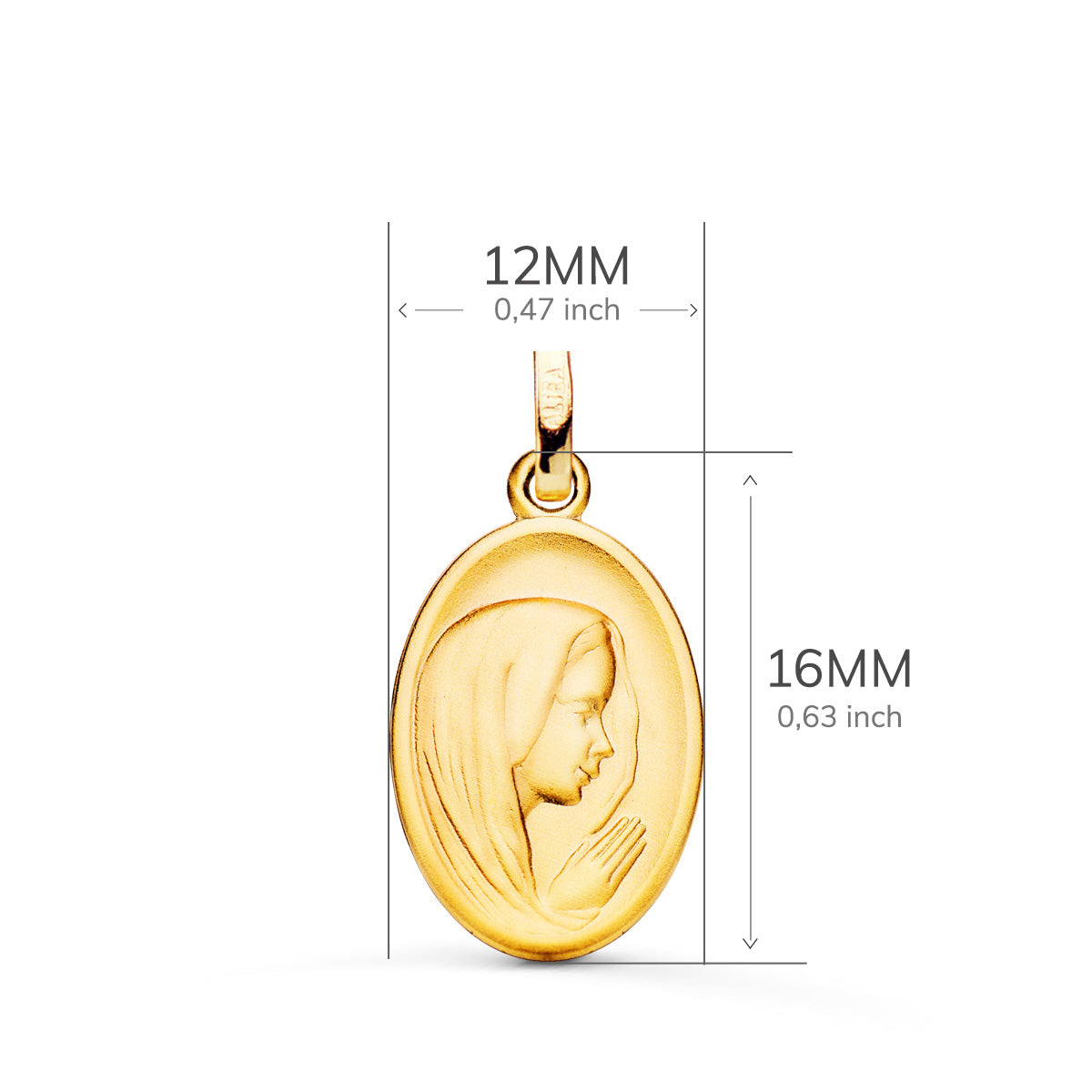 Medalla Virgen Niña Perfil Matizada y Tallada 16 x 12 mm de oro amarillo 18K