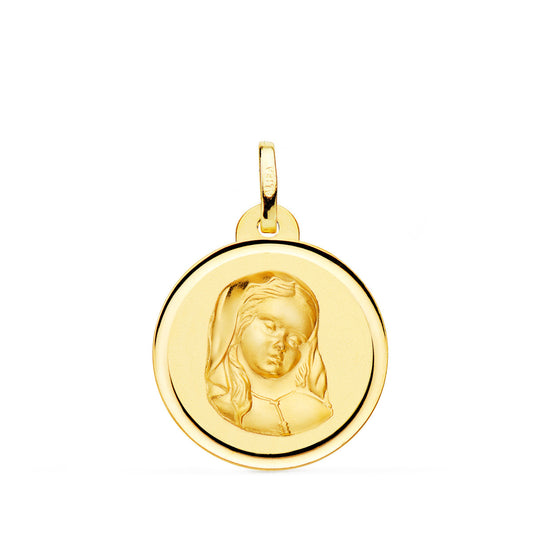 18K MEDALLA ORO AMARILLO VIRGEN NIÑA REZANDO BISEL 20 MM