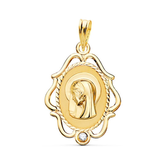 Medalla Virgen Niña Cerco Calado Brillo con Circonita 24 x 17 mm de oro amarillo 18K