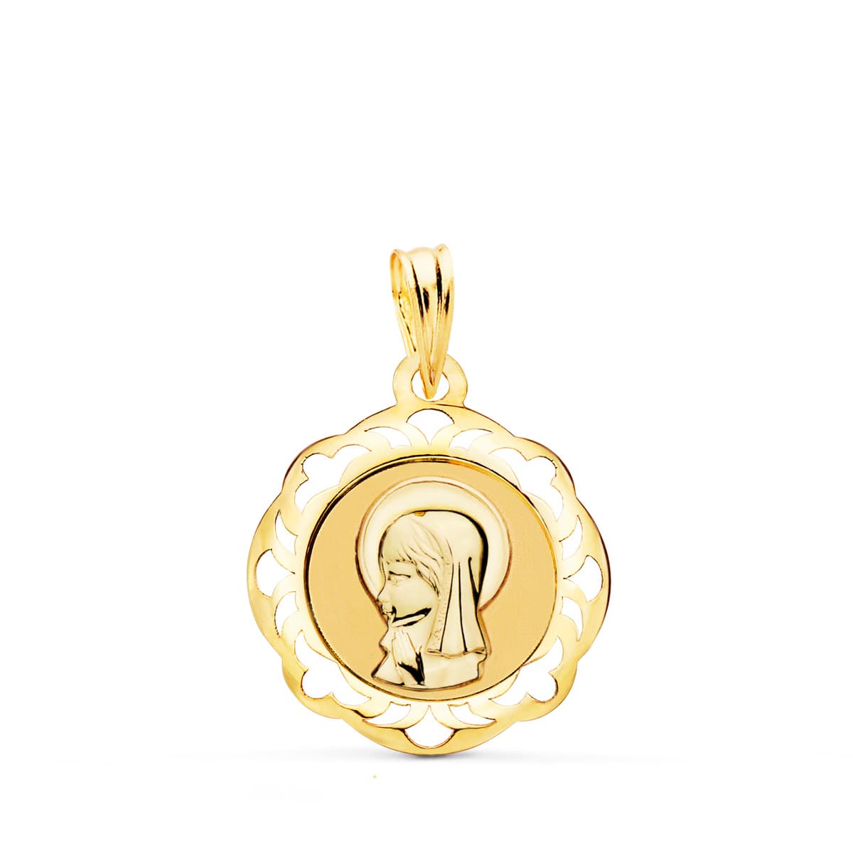 18K MEDALLA ORO AMARILLO VIRGEN NIÑA CERCO CALADO EN BRILLO 20X18 MM